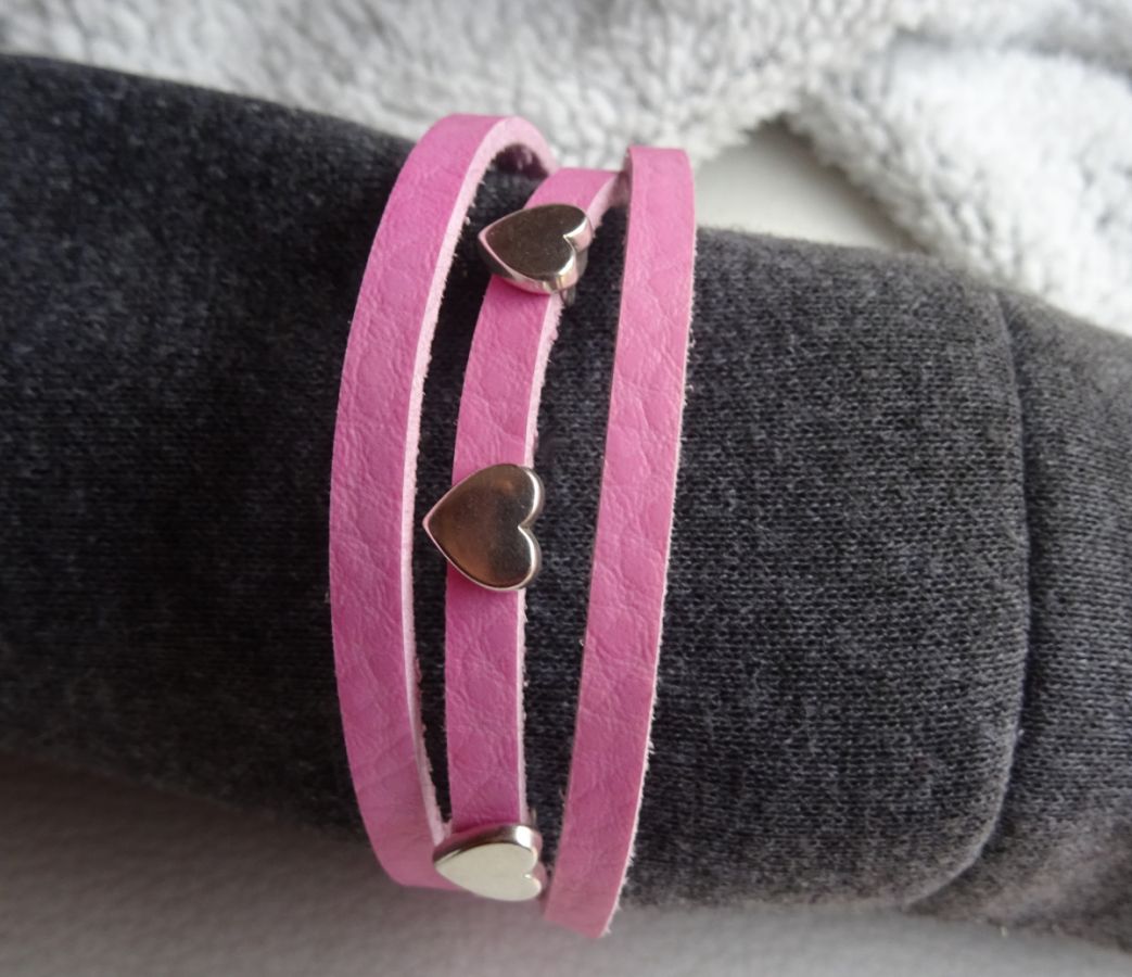 Bracelet cuir Rose 3 tours Coeurs