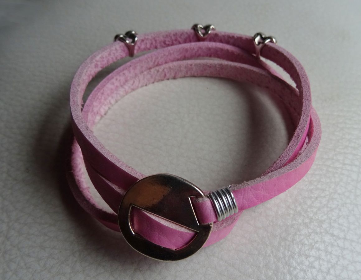 Bracelet cuir Rose 3 tours Coeurs