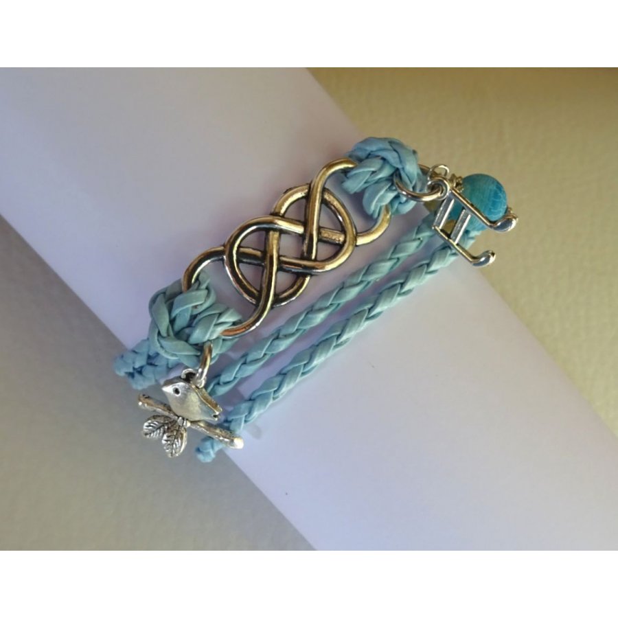 Bracelet double infini et double tour cuir tressé bleu