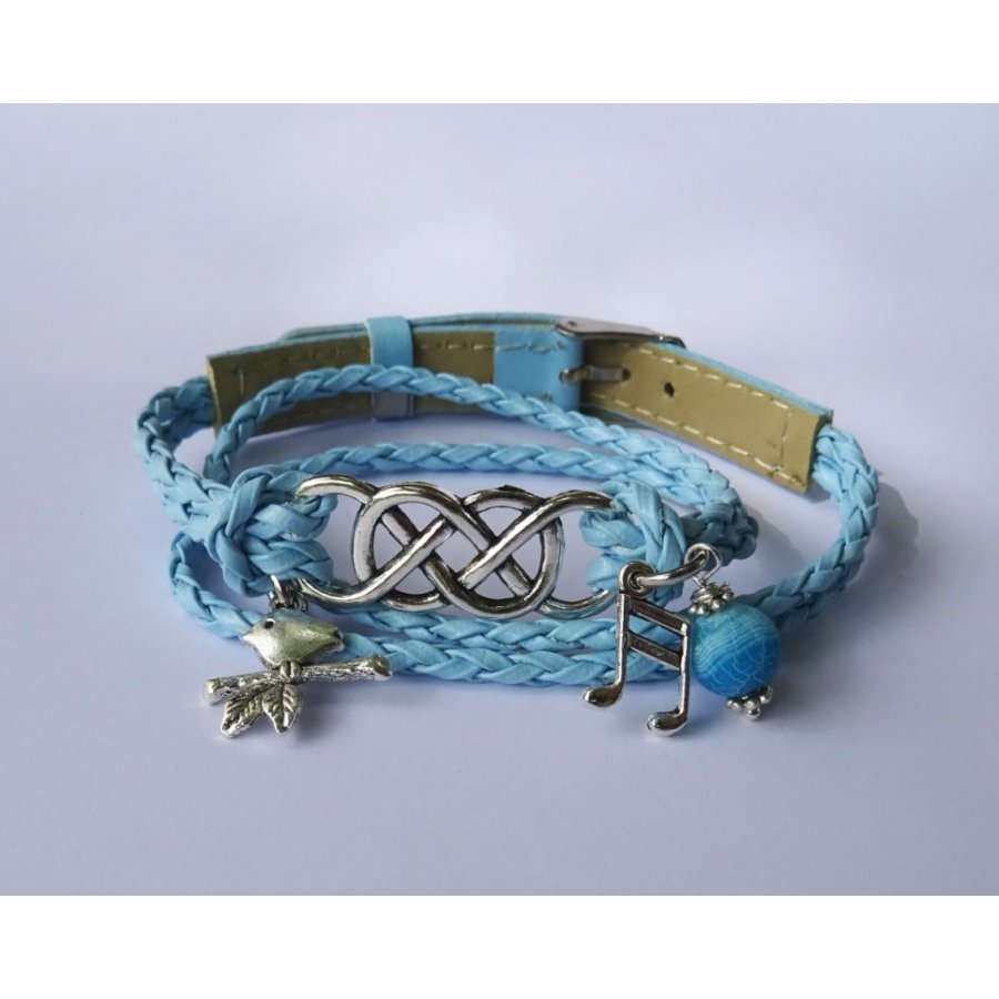 Bracelet double infini et double tour cuir tressé bleu