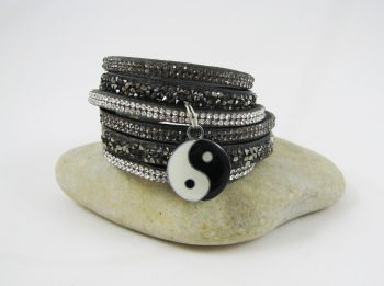 Bracelet manchette Noir strass argent breloque Yin-Yang 