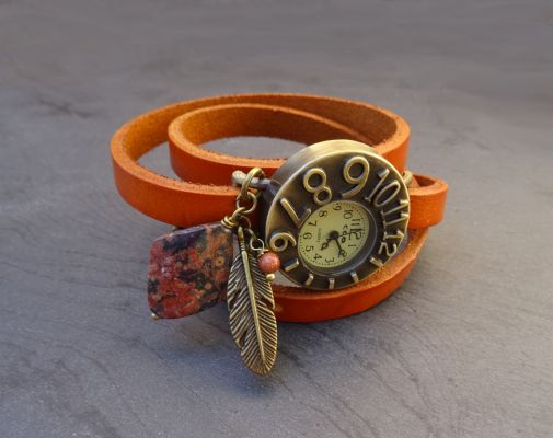 Montre  cuir Marron  cadran original Plume et pierre