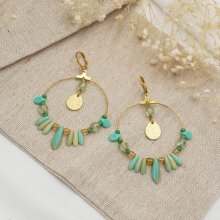 Boucles d'oreilles grandes créoles dorées perles turquoise vert d'eau